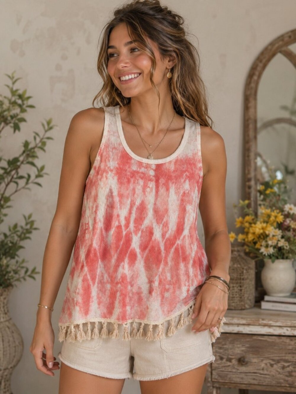 Altar'd State Pink & White Tie-Dye Fringe Tank Top Size Small NWOT